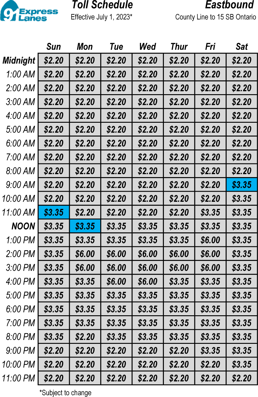 Tolls Schedule July 1, 2023 Eastbound I-15 Tolls Schedule July 1, 2023 Eastbound I-15