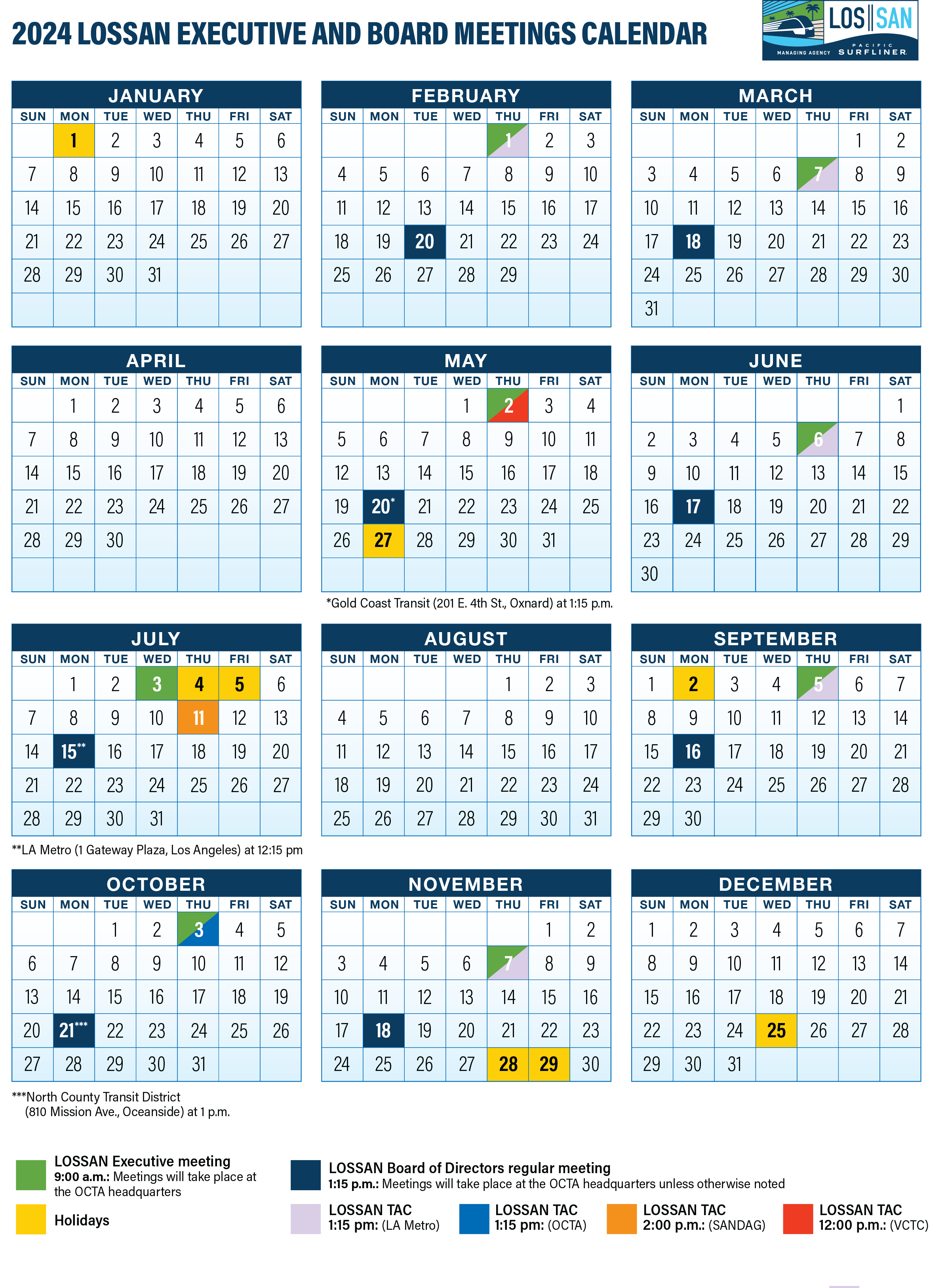 LOSSAN 2024 Board Calendar