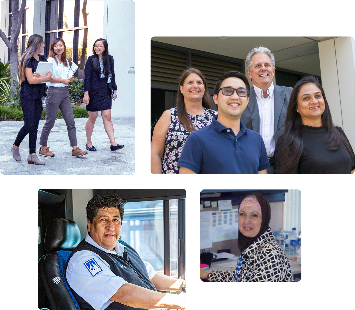 A collage of OCTA team members, some are meeting, walking and talking, working at their desk, and at the wheel of an OC Bus.