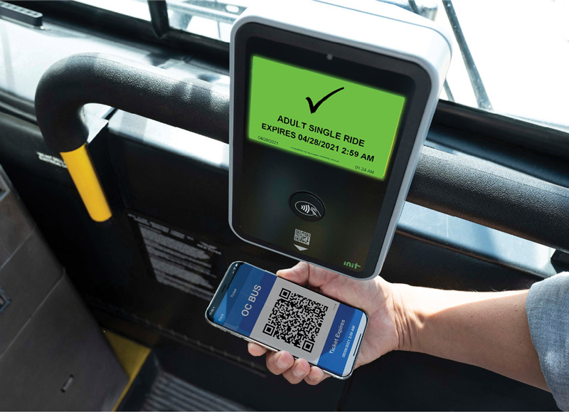 Using the OC Bus QR code on a phone to pay for boarding