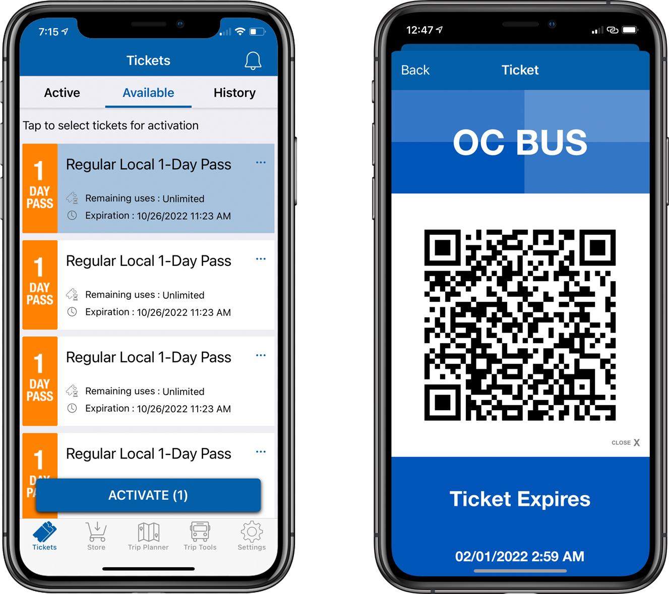 A side by side of OC Bus app screens featuring 1 day passes and a QR code