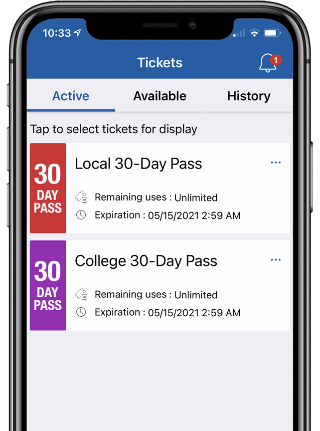 An OC Bus app screen showing 30 day passes