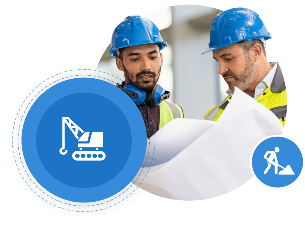 Collage of construction workers, a crane icon and a shoveling icon