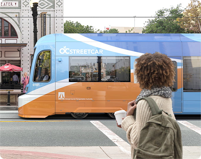 A rendering of the upcoming OC Streetcar in Santa Ana traveling thru the street