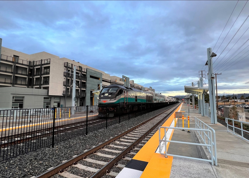 A Metrolink train pulls into the newly improved Anaheim Canyon Metrolink Station on the morning of Monday, Jan. 30. Photo courtesy of the Orange County Transportation Authority.