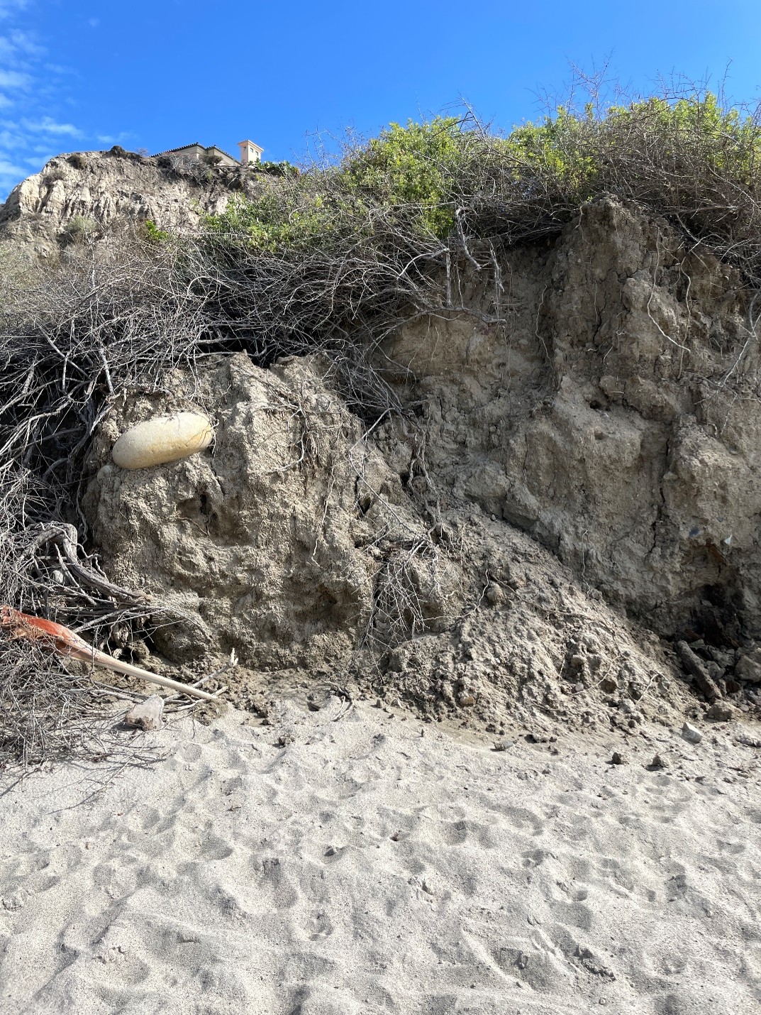 Eroded berm at north end of shoreline protection structure